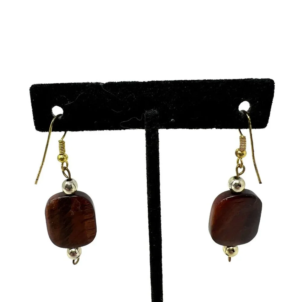 Faux Tiger Eye Drop Earrings Gold Tone‎ Wire Pierced 2 inches